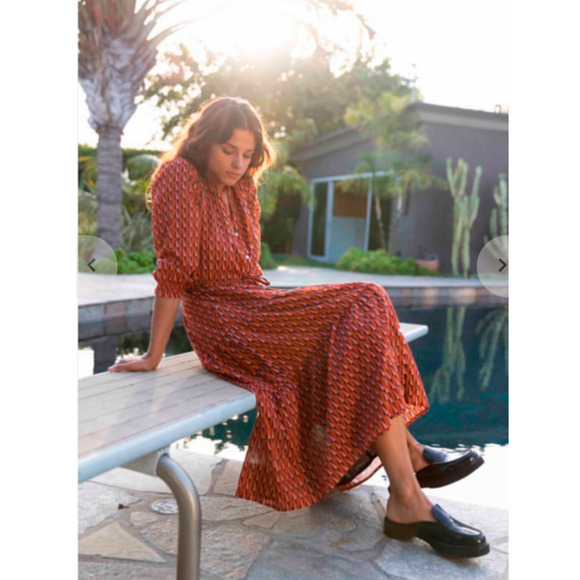 Trovata Dresses & Skirts - Trovata Birds of Paradis L Geometric Print Button Front Midi Dress Orange Long